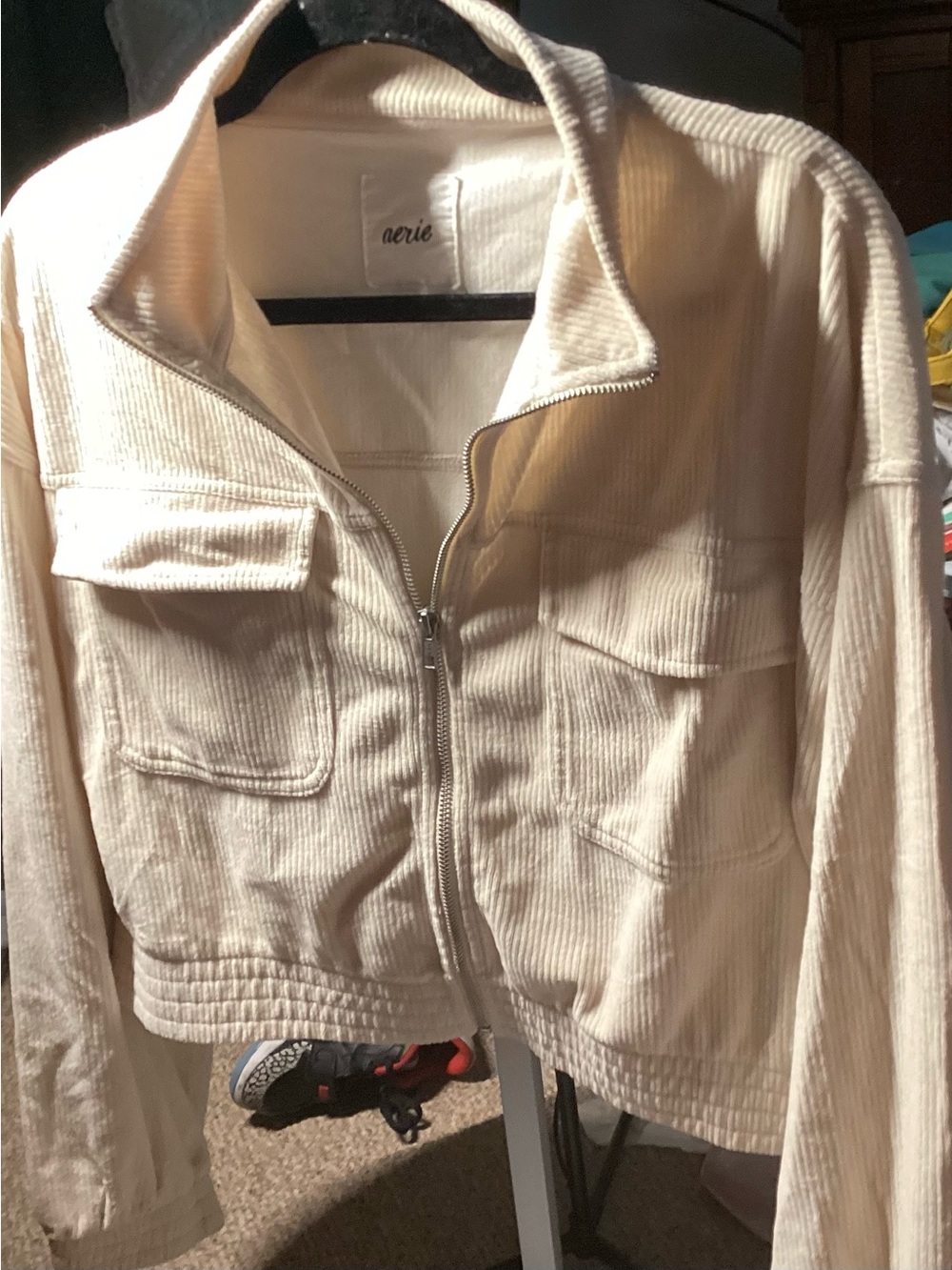 aerie Cream Corduroy Cropped Zip Jacket